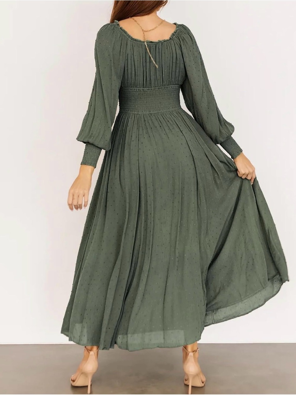Smocked Waist Long Sleeve Maxi Dress in Olive Green - Picture 4 of 5